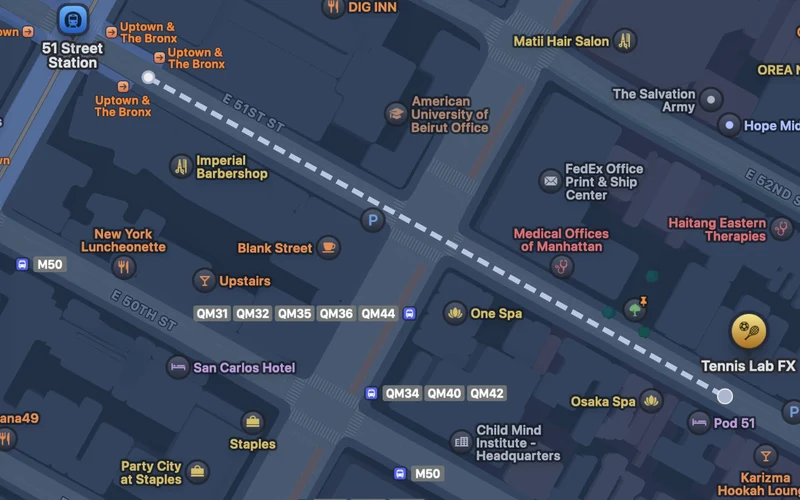 Walking route from the 51st Street Subway station to Tennis Lab FX, two blocks east along East 51st Street