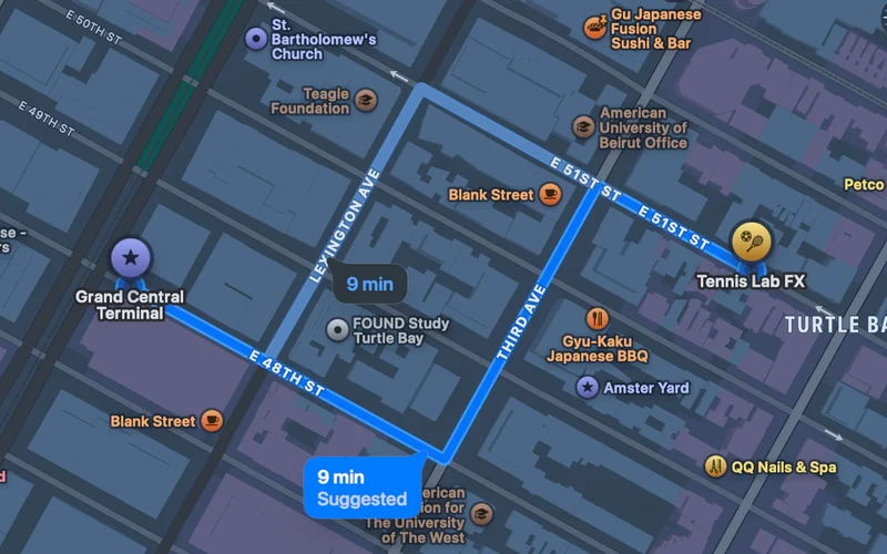 Walking route from Grand Central Terminal to Tennis Lab FX, east on 48th Street, north up 3rd Avenue, and east along East 51st Street