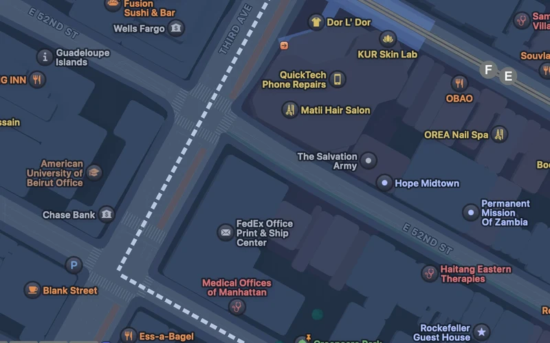 Walking route from the Lexington Avenue 53rd Street subway station to Tennis Lab FX, south down 3rd Avenue and east along East 51st Street