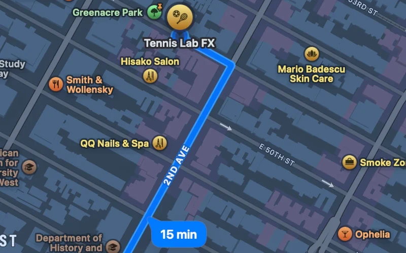 Walking route from the United Nations HQ to Tennis Lab FX, north up 2nd Avenue and east along East 51st Street